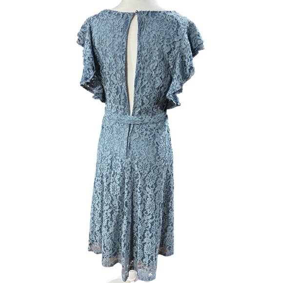 NEW Boohoo Womens 4 Lace Plunge Midi Dress Ruffle Sleeve Skater Teal Blue Party - Picture 3 of 9
